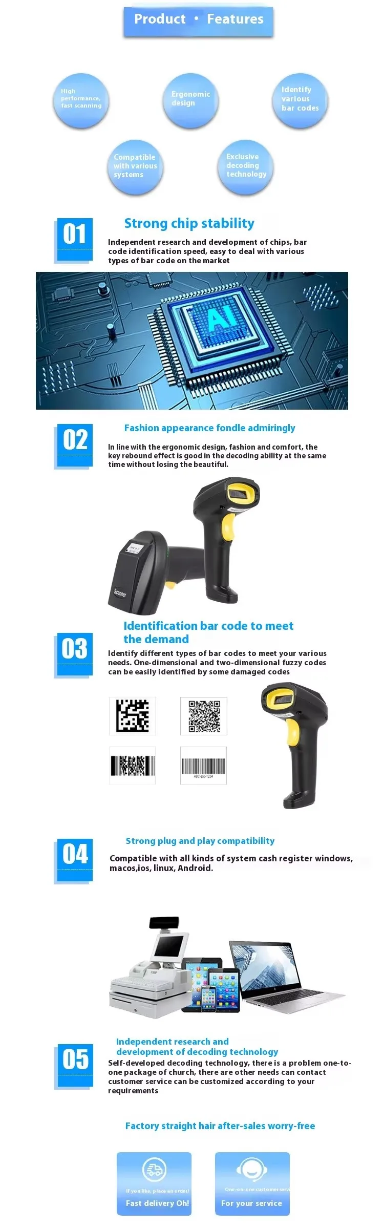 เครื่องสแกนบาร์โค้ดไร้สายบลูทูธ 1D 2D เครื่องอ่านโค้ด QR PDF417 สำหรับไอโอเอส แอนดรอยด์ ไอแพด -โซลูชั่นการสแกนแบบพกพาขนาดกะทัดรัด