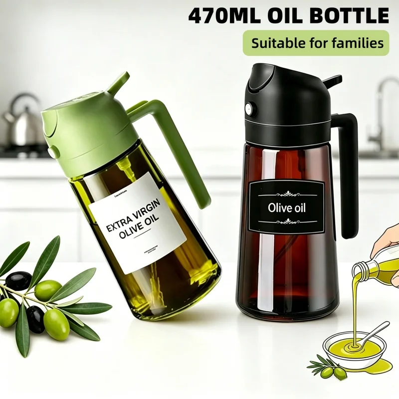 Olive Oil Spray Bottle, Integrated Cooking Glass Sprayer For Both Spraying And Pouring, 16 Ounces / 470 ML Oil Spray Bottle