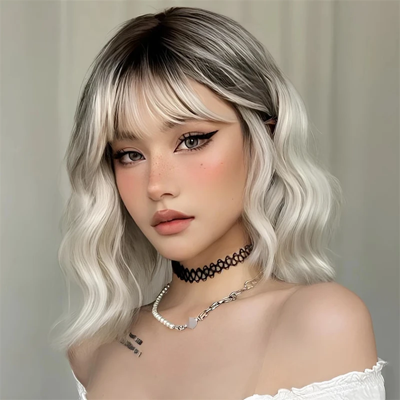 

Women"s Natural Wig Ombre Blonde Ash Dark Roots Cosplay Synthetic Lace Wig Short Bob Frontal Wigs with Bangs High Heat WAvy Wig