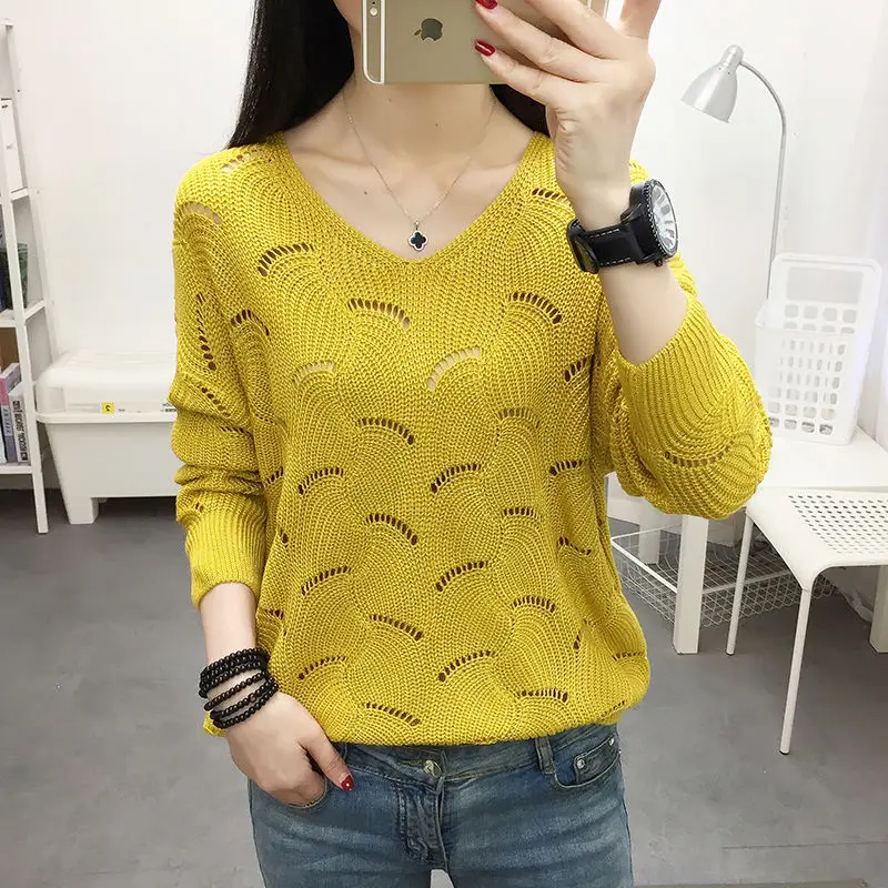 Women Clothing Fashion Hollow Out Thin Knit Pullovers Spring Autumn Casual Loose V-neck Long Sleeve T-shirt Office Lady Chic Top