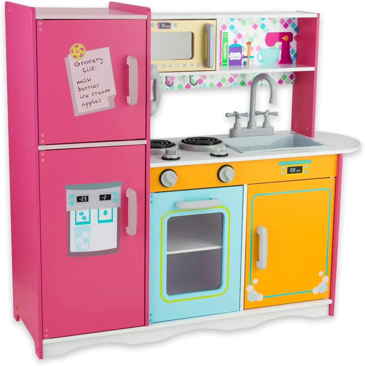 Kitchen Playset for Kids Ages 3-8, Wooden Pretend Play Kitchen, Including Telephone, Ice Maker, Refrigerator, Dimensions: 35" H