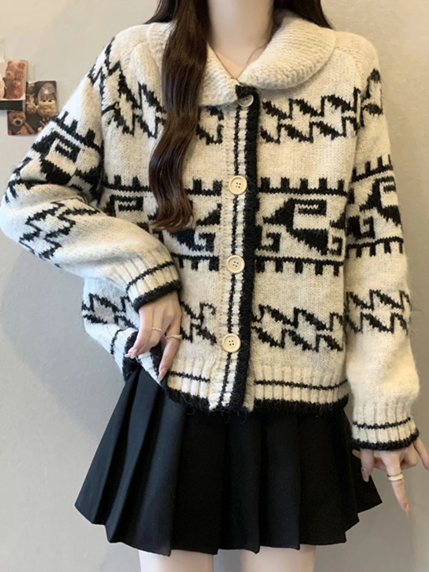 

Korean Retro Knitted Sweater Coat Women's ort Loose Fit Autumn Winter plus Size Micro Plump MM Turn-down Collar Warm Top