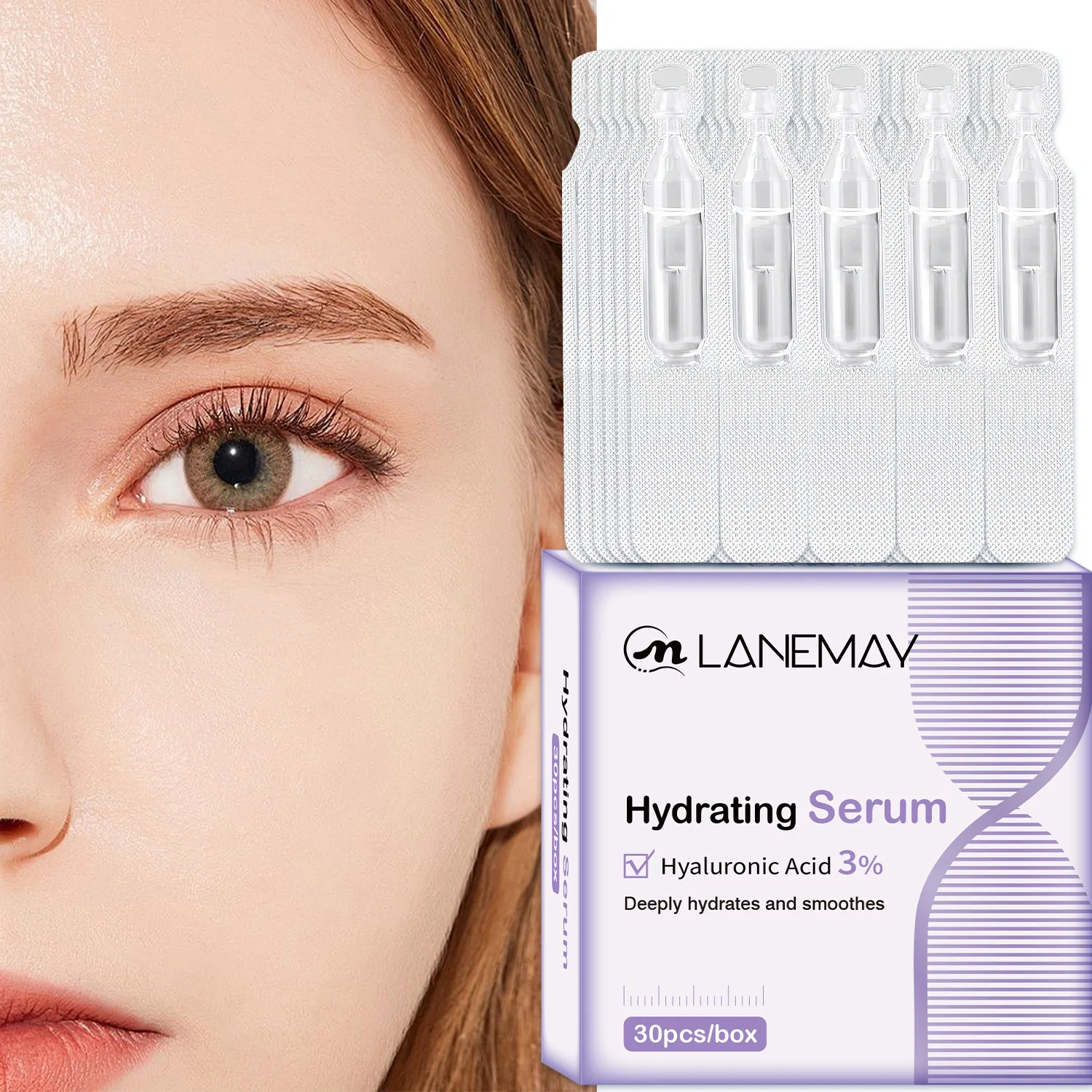 3% Hyaluronic Acid Hydrating Serum Ampoules - 30 Pcs/Box - Deeply Hydrates and Smoothes - Daily Moisture Boost for Face.