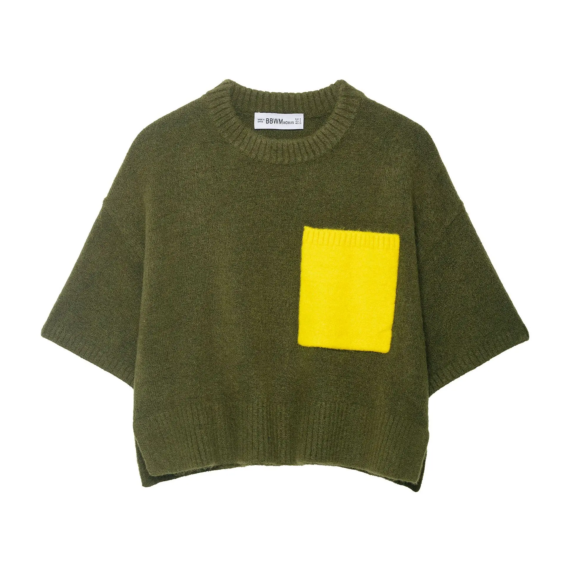 

Женский стиль для поездок на работу 2025 года, круглый вырез, карман, украшение, цветной блок, универсальный свитер с короткими рукавами и коротким рукавом