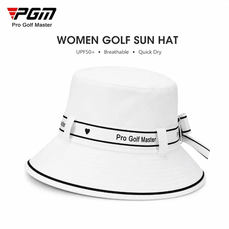 PGM Women Golf Sun Hat Bow Strap Fisherman Cap UPF50+ Wide Brim Bucket Hat Breathable Sweat Absorbing Band UV Protection Outdoor