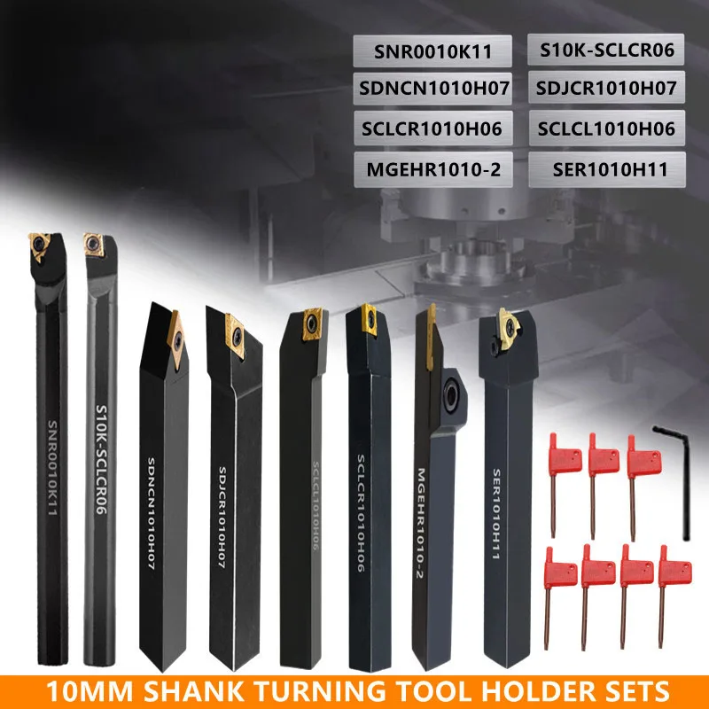 8Sets of 10MM CNC Lathe Turning Tool Holder Boring Bar with Applicable Inserts and Wrenches Set for Turning Threading