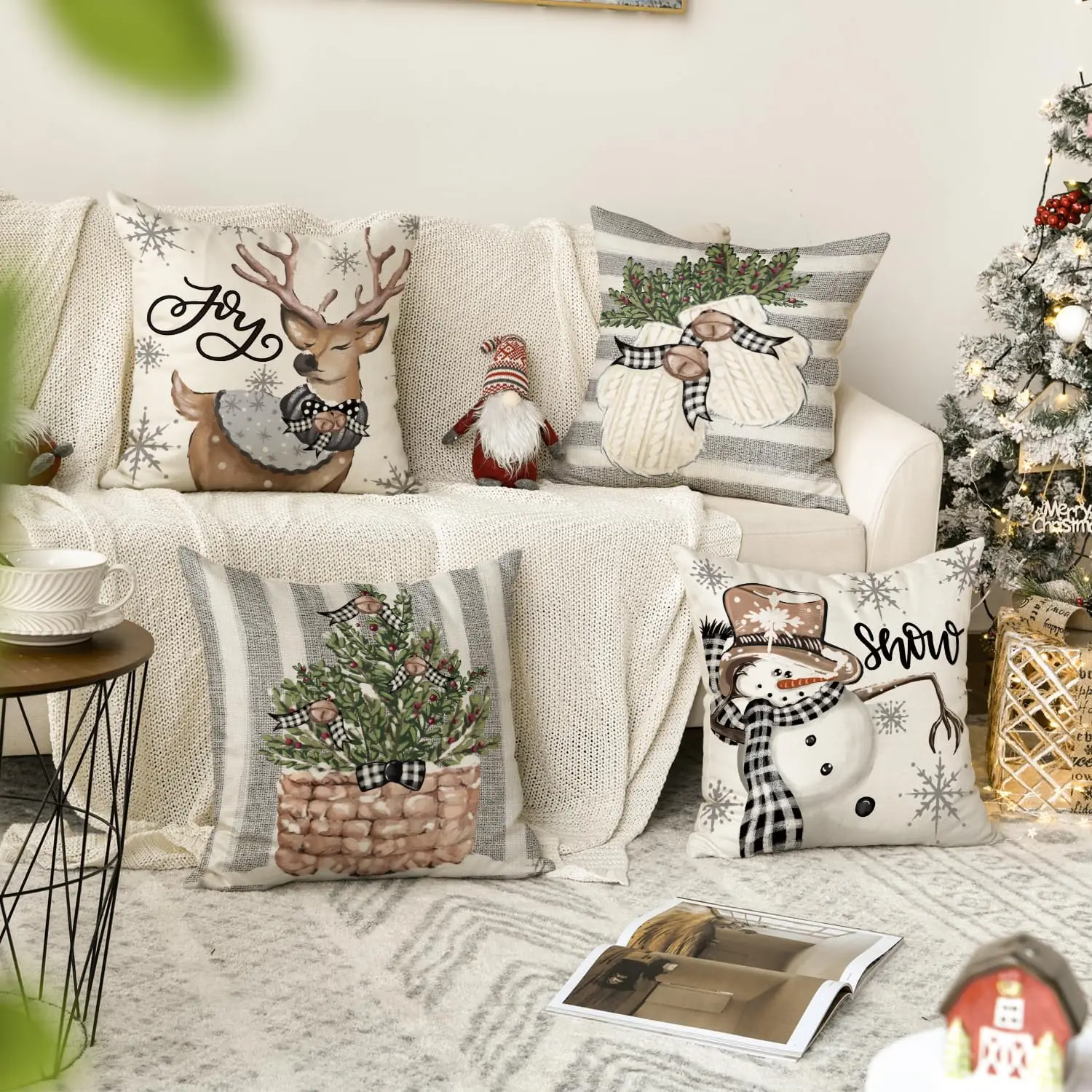 Christmas Snowman Reindeer Gloves Eucalyptus Throw Pillow Covers, Winter Holiday Stripes Cushion Case Decoration for Sofa Couch