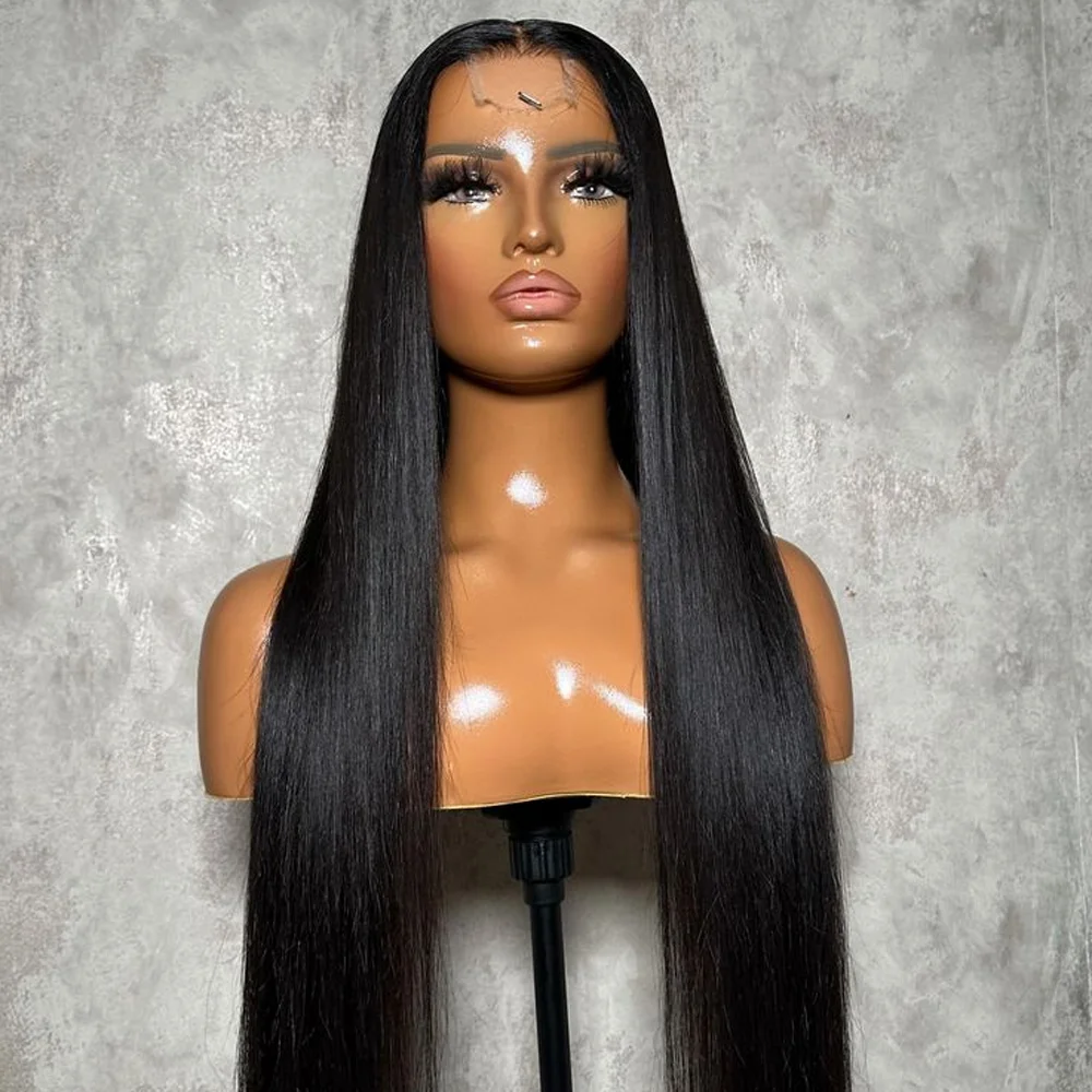 

Черные прямые парики без клея, 26 дюймов, 180% плотность, с кружевной передней частью, для женщин, с детской прядью, из синтетического термостойкого волокна, для повседневной носки