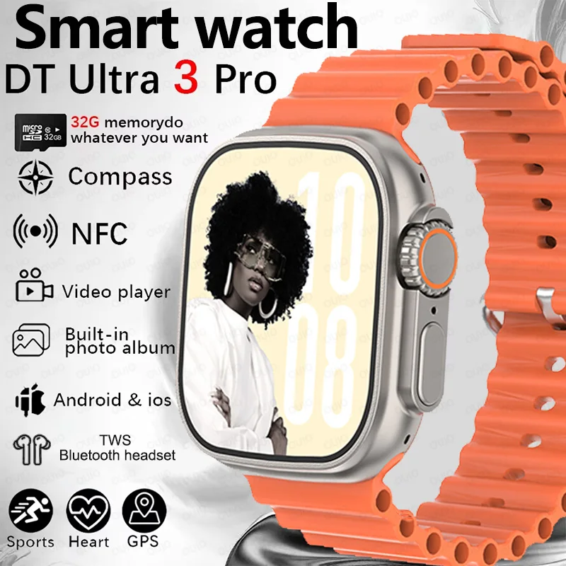 

2025 Новые смарт-часы DT Ultra 3 Память 32 ГБ MP3 MP4-плеер GPS-трекер 2,04 дюйма AMOLED-экран NFC Компас BT Call Smart Watch