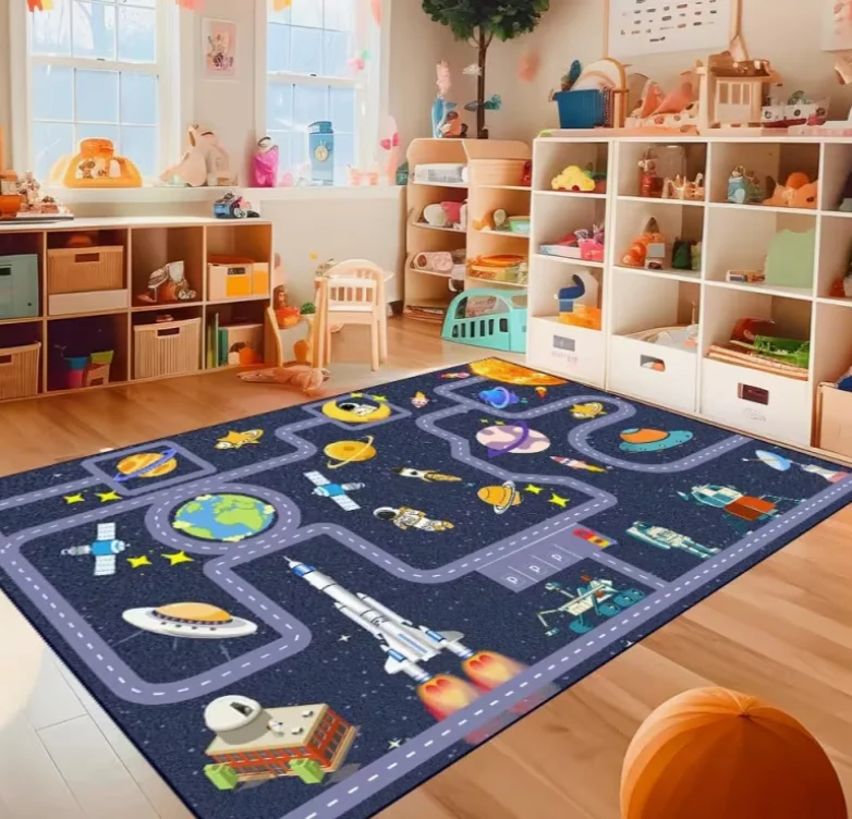 Kids Education Design - Ruimteavontuurkleed Kinderkleed met raket & planeten,