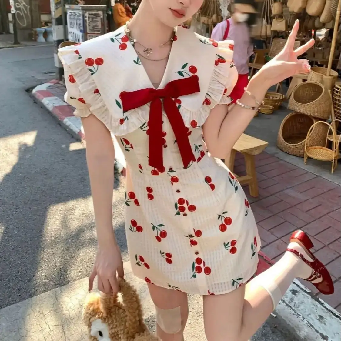 

Dress Cherry Bow Lace Sleeveless Japanese Sweet Kawaii Party Women Y2k Cute Elegant Dress Female Korea Princess Fairy Dress New