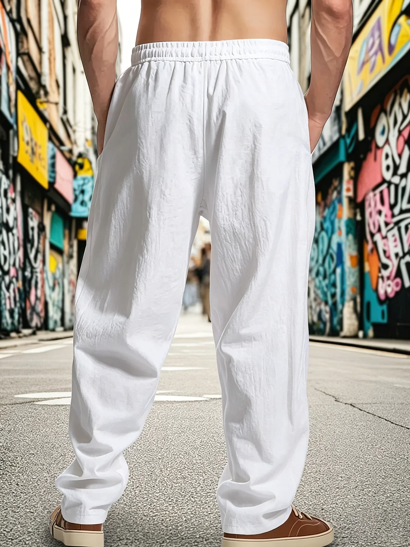 Value 3 Pack Men Wide Leg Linen Look Casual Pants Breathable Crinkle Textured Adjustable Drawstring Waist Convenient Side Pocket