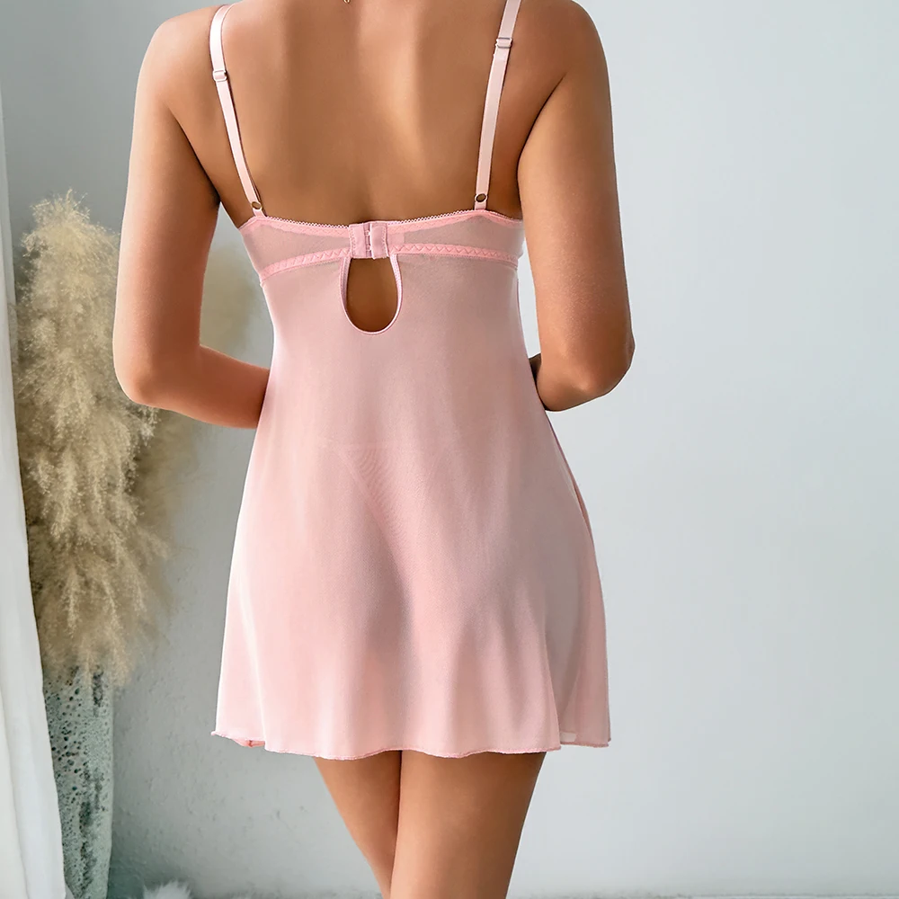 Розовый прозрачный сетчатый комплект нижнего белья Babydoll, сексуальная сорочка с v-образным вырезом и стрингами для женщин, пар, эротическое белье для ролевых игр ​ ​