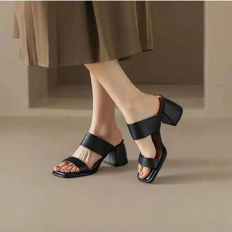 Black Khaki Slippers Heels Women Pumps High Heels Summer Women Shoes Comfortable Platform Party Square Toe Open Toe Sandals