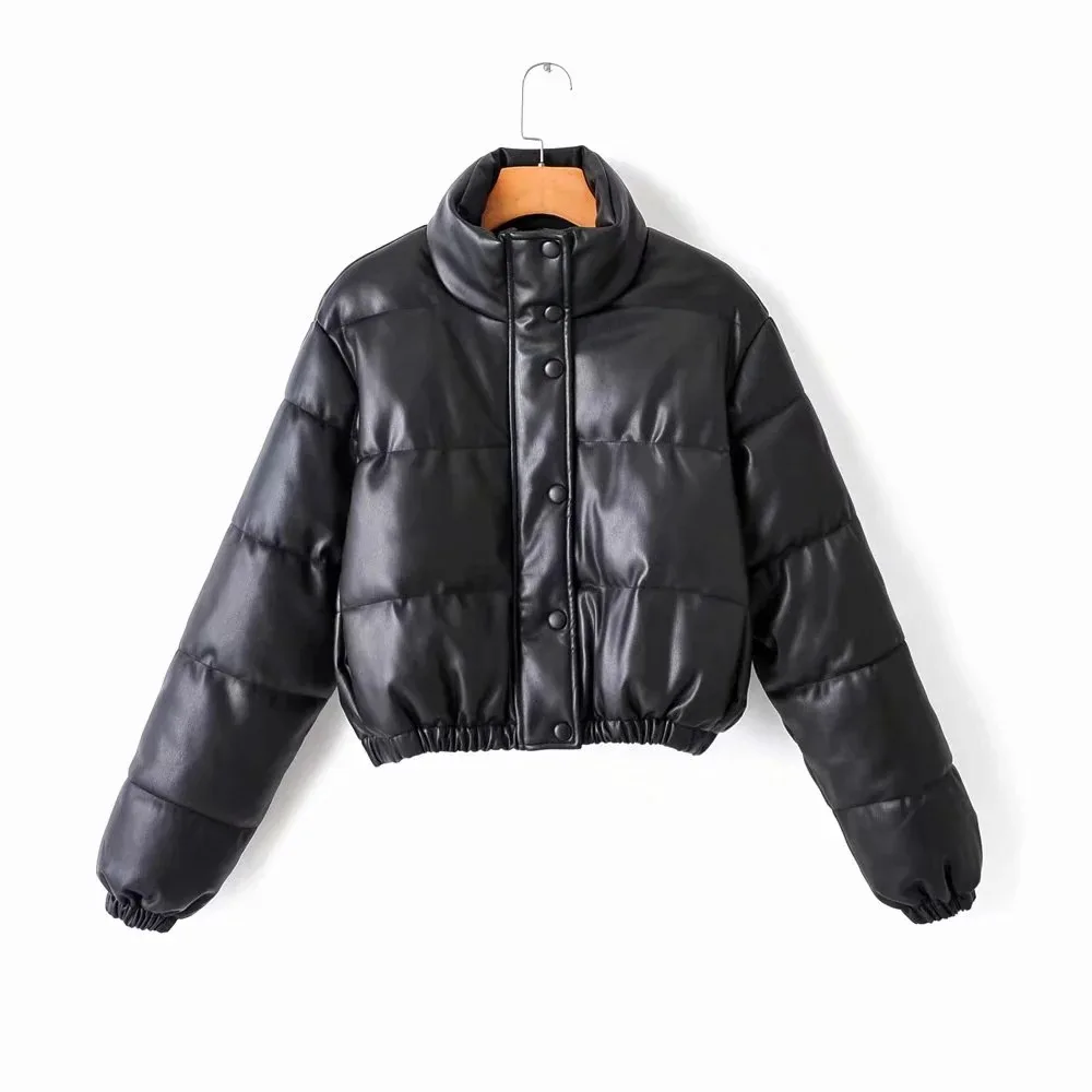 Winter Thick Warm Short Parkas Women Fashion Black PU Leather Coats Women Elegant Zipper Cotton Jackets Female Ladies