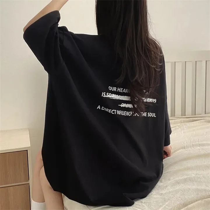 Summer Vintage Oversize Tops Korea 2024 Letter Print Loose T-shirts Women Streetwear Gray O Neck Cotton Casual Short Sleeve Tees