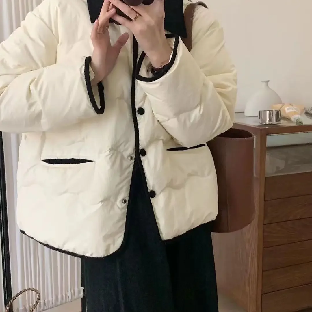 

new model Lightweight Short Cotton Jacket Collared Patchwork Breast Pocket Button Closure Pure Color Princess Sleeve Coat