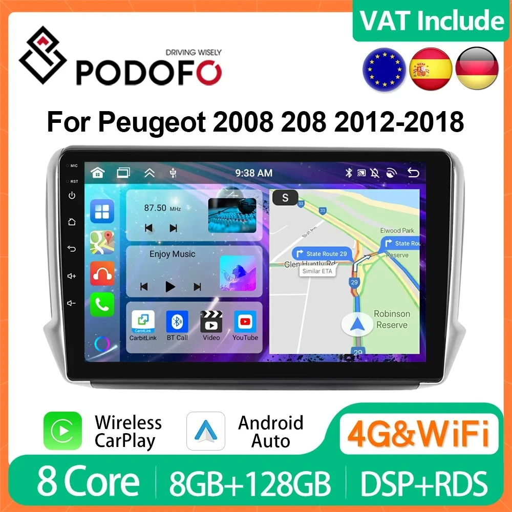 Podofo 4G CarPlay Android Radio For Peugeot 2008 208 2012-2018 Car Multimedia Player GPS Stereo 2din Head Unit AI Voice 8G+128G