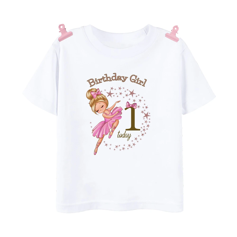 Ballerina Printed Girls T-shirt 1-9 Year Birthday Shirt Girl Party Outfit Tops Kids Short Sleeve Tshirt Toddler Birthday Clothes