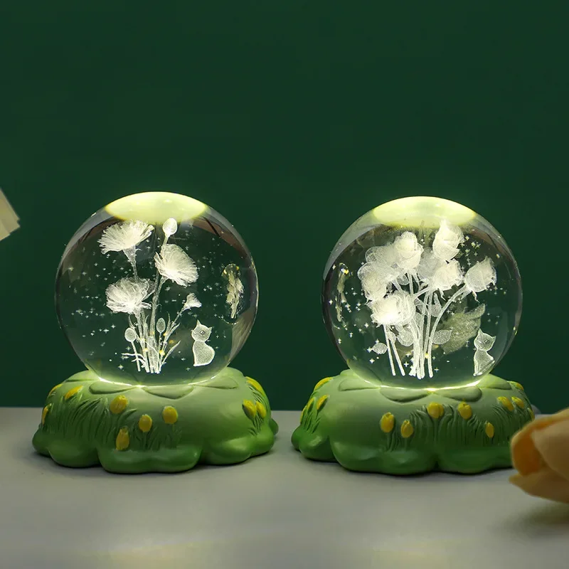 Luz nocturna de tulipán creativa para dormitorio, bola de cristal 3D, decoración luminosa de escritorio, regalo de cumpleaños