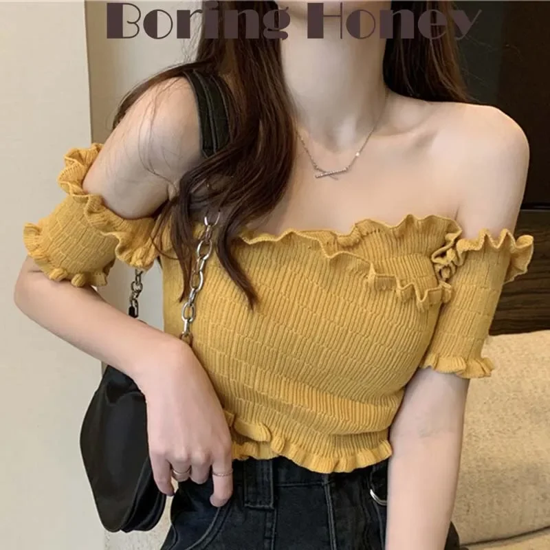 ZHUANQING Off Shouder T-Shirt Knitting  Crop Top European And American Style Dew Shoulder Lapels Short Sleeves Women Clothes