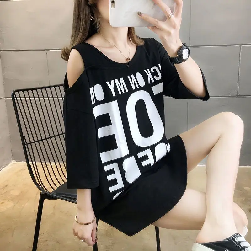 Tops Woman Long Graphic Baggy Short Sleeve T Shirt for Women Off Shoulder Summer Outfit 90s Vintage Y2k Clothes Korean Style Yk2