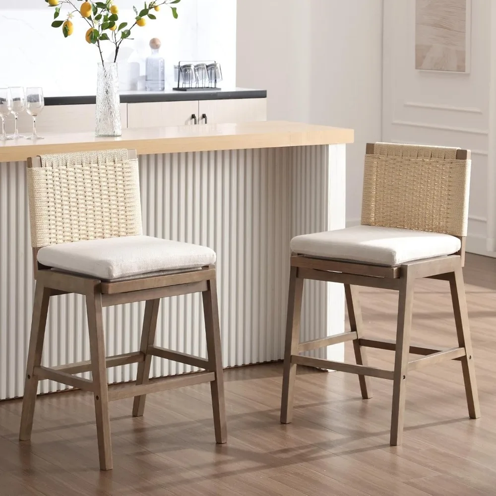 

Set of 4, 27" Counter Height Bar Stool with Woven Back, Linen Upholstered Kitchen Island Chair, Bars Stools