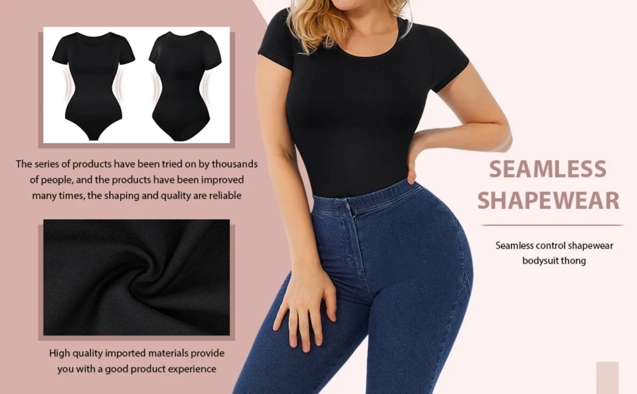 Women Bodysuit Shapewear Seamless Short Sleeve Flat Belly Sexy Thong Sculpting Body Shaper Scoop Neck Fajas Tummy Control