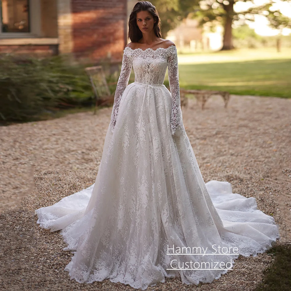 

Saudi Wedding Dress Customized Charming Boat Neck Long Sleeves See Through Lace Applique Court Train Bridal Gown for Woman