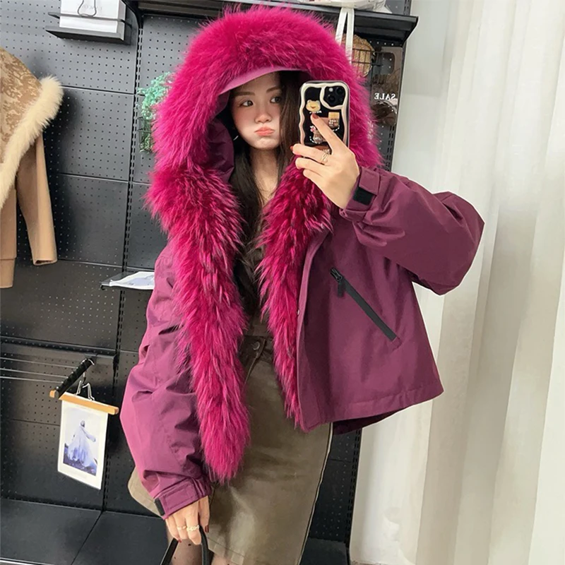 Nova chegada das mulheres inverno real gola de pele de guaxinim parka quente ganso para baixo jaqueta solta oversize pico boné design casacos