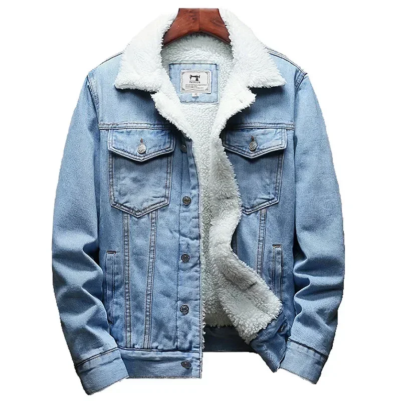 Brand Winter Men's Denim Jacket Coat Fashion Warm Wool Lining Thicken Denim Jacket Men's Light Blue Slim Denim Jacket Size S-6XL