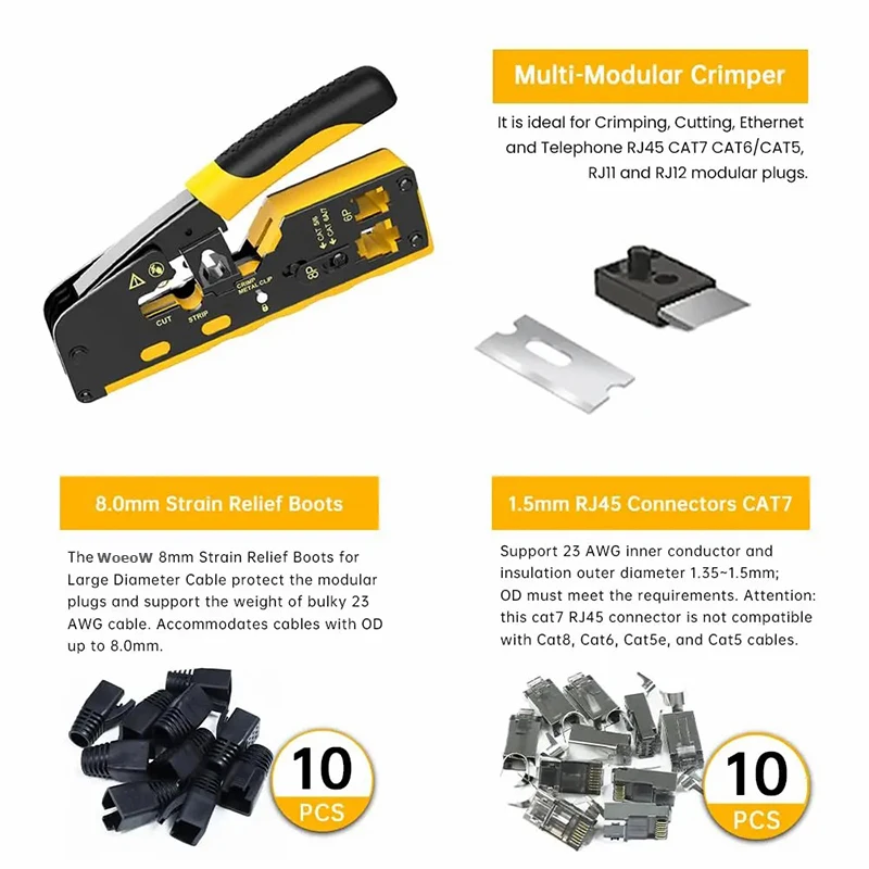 WoeoW Pass Through RJ45 Crimp Tool with 10PCS Cat7 Connectors and Strain Relief Boots, Ethernet Wire Cutter Crimper