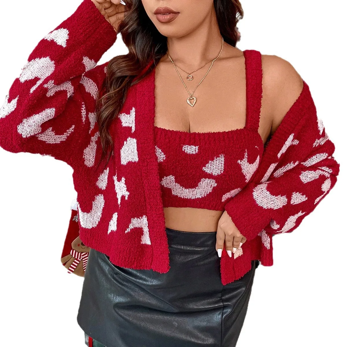 2024 Women's Vintage Christmas Sweater with Suspenders Two-piece Knit Set Crewneck Christmas Warm Top