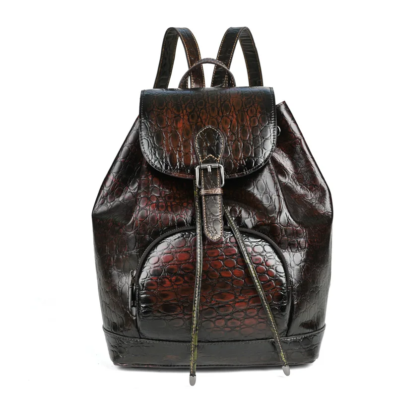 Vintage Woman Genuine Leather Backpack Luxury Ladies Real Cow Leather Double Shoulder Bag Crocodile Pattern Travel School Bags