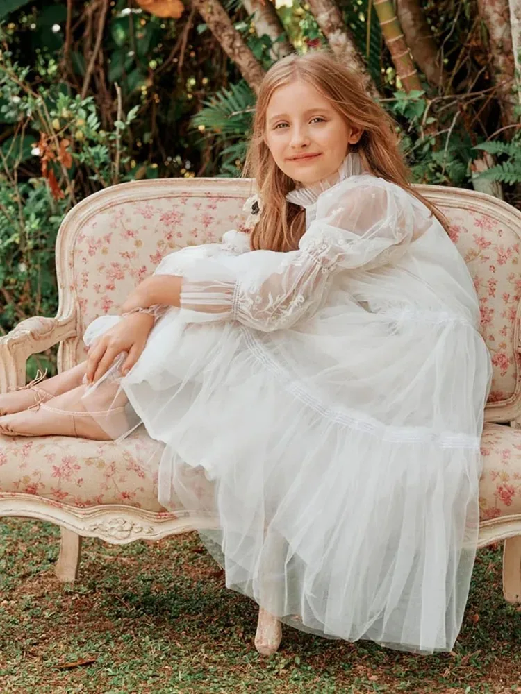 Custom Flower Girl Dress, White Multi-Layer Floral Embroidery Long Sleeve, Suitable for Birthday Parties, Banquets, and First Co