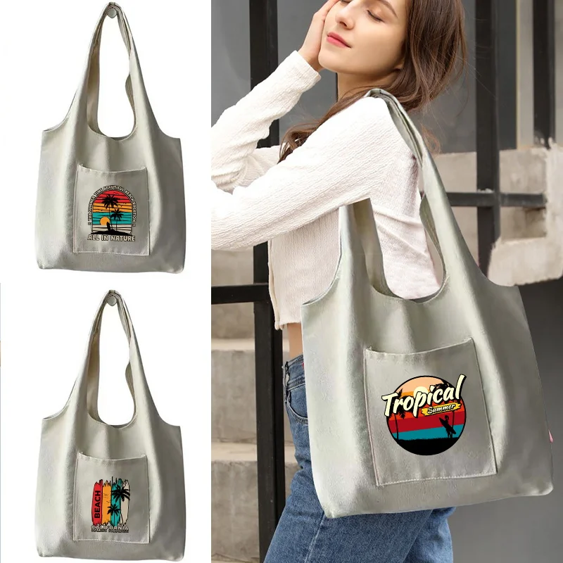 Fashion Women Canvas Shopping Bag Foldable Supermarket Handbag Super Mistress Ladies Reusable Eco Vest Bags with Side Pockets