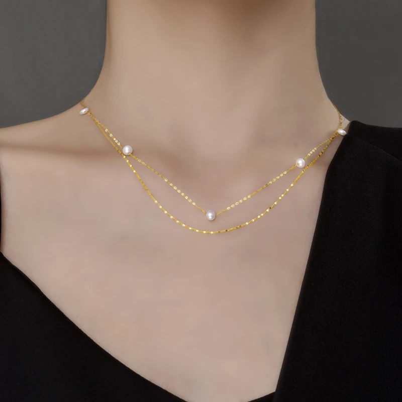 

NYMPH Real18K Gold Jewelry Natural Pearl Necklace Pendnat Pure Au750 Lip Chain Double Layer Trendy Gift For Women X575
