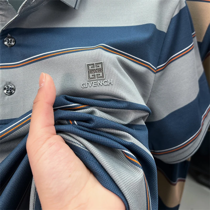 ضوء فاخر مخطط اللون منعت قصيرة الأكمام قميص بولو رمز العلامة التجارية تنقش الراقية عادية الصيف حريري السلس تي شيرت رجالي #6