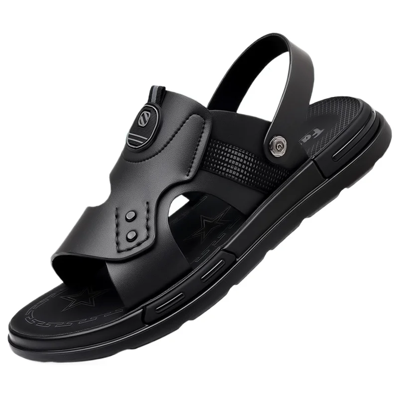 

Новинка 2023 года, летняя верхняя одежда, нескользящие мужские сандалии, модная повседневная пляжная обувь двойного назначения, тапочки, мужские однотонные кожаные сандалии, мужские