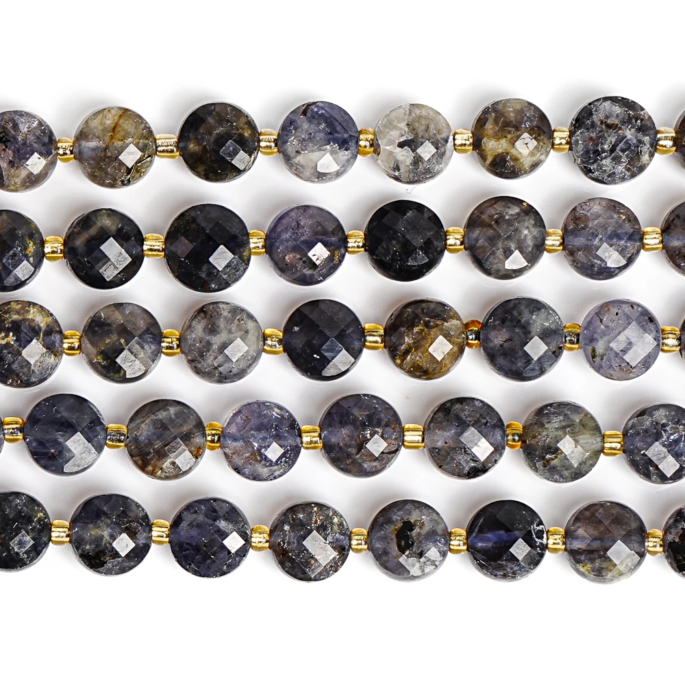 NATURAL CORDIERITE BEADS 6MM DEEP BLUE FACETED FLAT ROUND LOOSE GEMSTONE BEADS FOR JEWELRY MAKING DIY BRACELET NECKLACE GIFTS