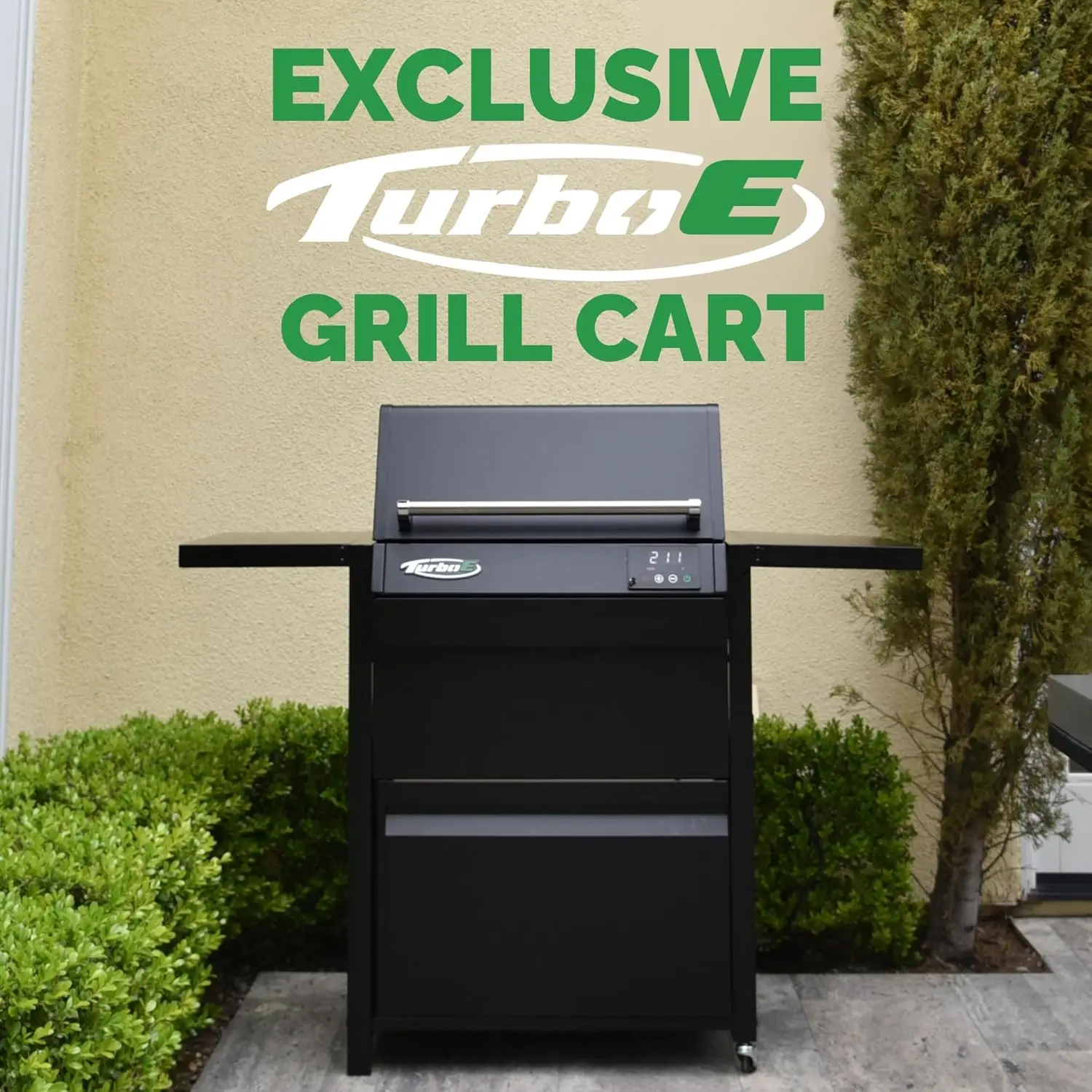 Turbo E Exclusive Grill Cart With Wheels - Spacious Side Shelves, Integrated Storage & Sleek Black Finish To Match Turbo E