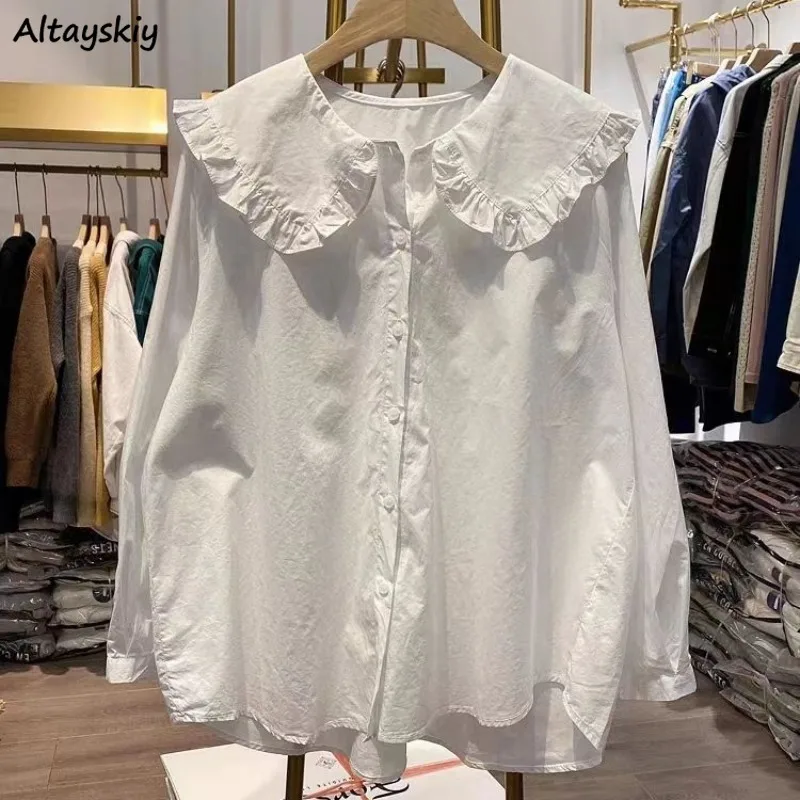 Peter Pan Collar Shirts for Women White Solid Young Students Spring Lovely Clothing Simple Chic Girls Sweet All-match Loose New