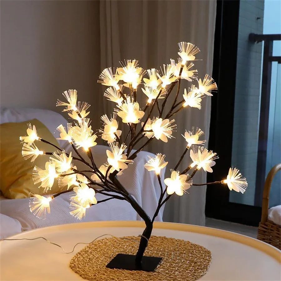 Luz LED de árbol de flores de fibra óptica, 60CM, 24 luces LED alimentadas por USB, lámpara de árbol de espíritu, luz de árbol bonsái para decoración de mesita de noche de escritorio