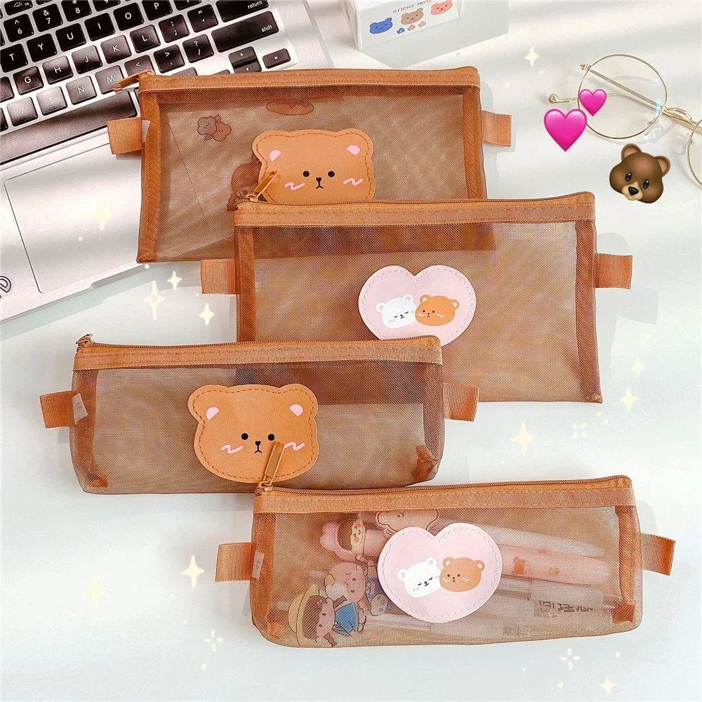 Cute Bear Transparent Mesh Pencil Case Ins Portable Toiletry Makeup Pencil Bag Stationery Gift School Pencil Box Crafts Supplies