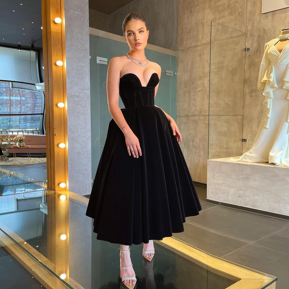 

Simple Biack Prom Dresses 2023 Sweetheart Neck Sleeveless Evening Dress Ankle Length A-Line Wedding Party Gowns فساتين السهرة