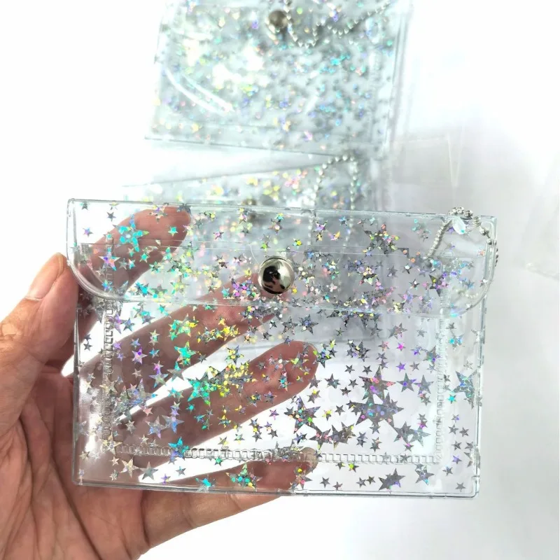 Transparent PVC Laser Star Card Bag Shining Print Children's Coin Purse Wallet for Women Cash Credit Card Holder Organizer Purse