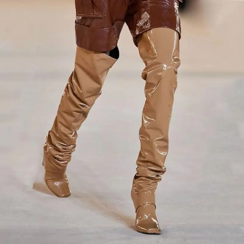 Arden Furtado Brown Patent Leather Tapered heel Over the knee boots Square-head Pleated Slip-on Fashion high heel Knight boots