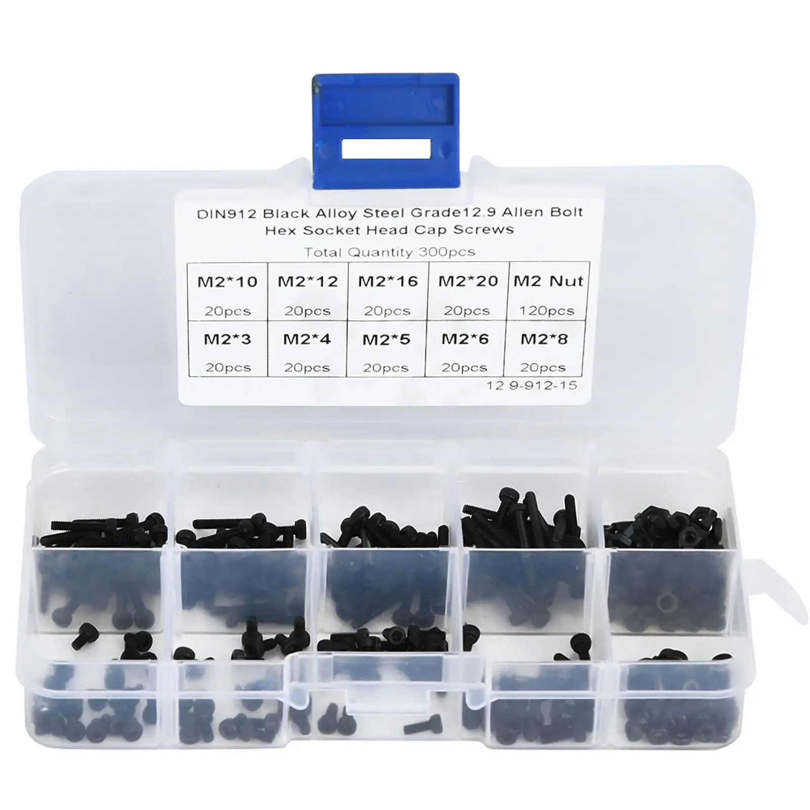 

M2 x 3-20mm 12.9 Grade Black Alloy Steel Hex Socket Screw and Nut Set 300pcs Cap Screws for Fastening