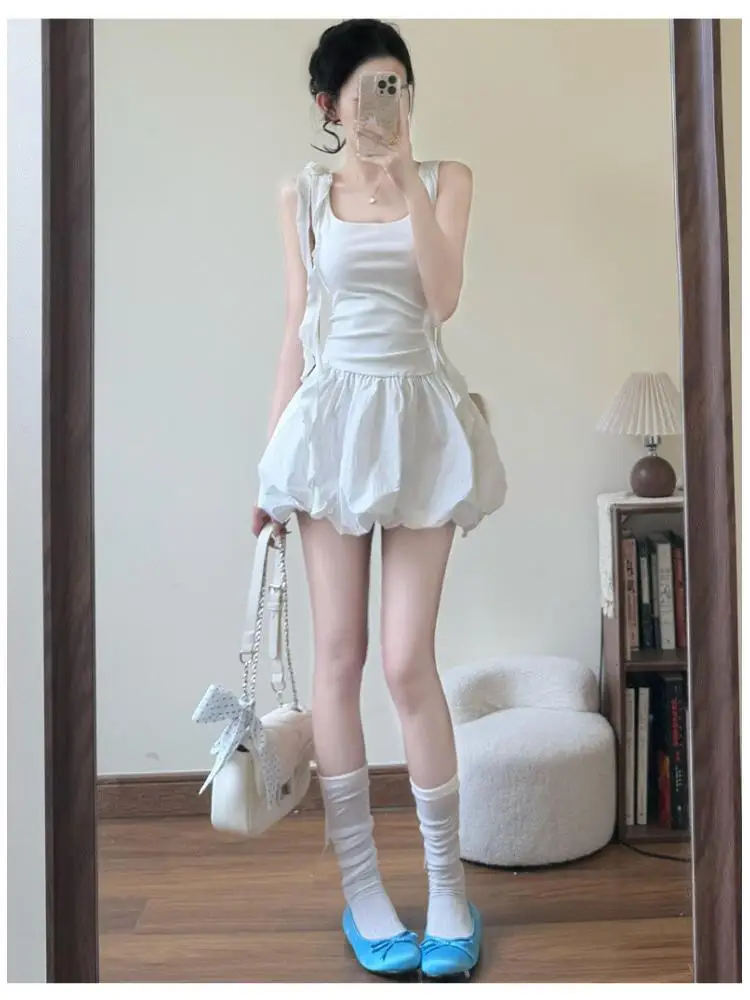 White Ruffle Bubble Mini Dress Women Summer Elegant High Waist Puffy Short Skirt for Beach Vacation