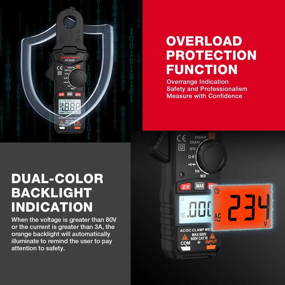 HABOTEST HT200D Clamp Meter DC/AC Current Voltage Digital Clamp Meter Measure the Frequency of Resistance Capacitance NCV Test